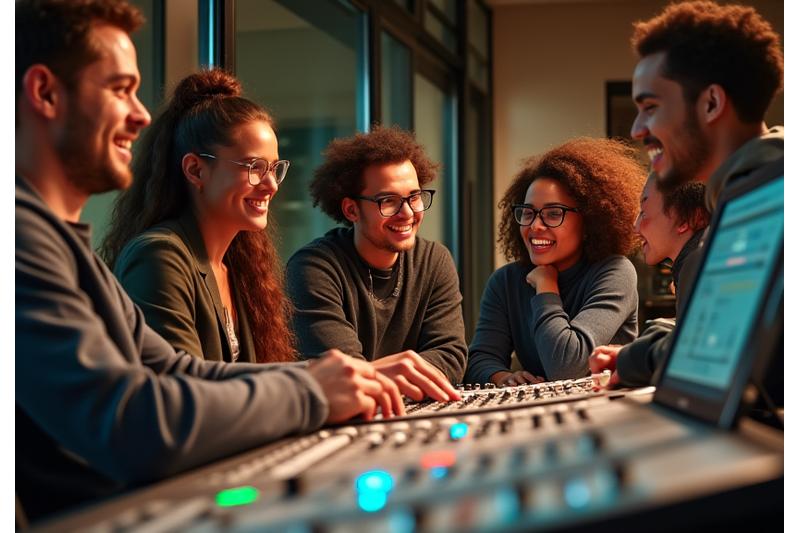 Diverse group of young music industry professionals collaborating in a vibrant, modern studio space, looking engaged and creative.