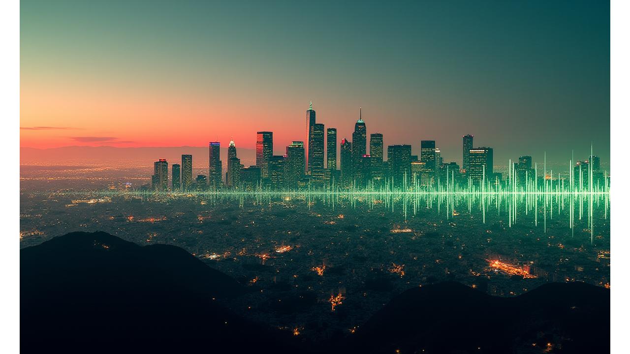 Dynamic shot of a bustling Los Angeles cityscape at dusk, with digital music wave patterns subtly overlaid, symbolizing creativity meeting industry.