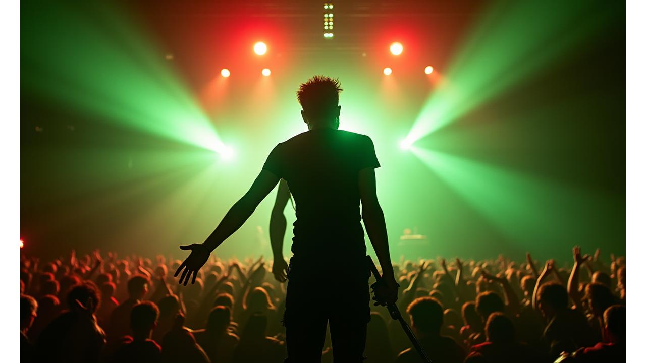 Energetic musician performing on stage illuminated by vibrant lights, representing career elevation and success.