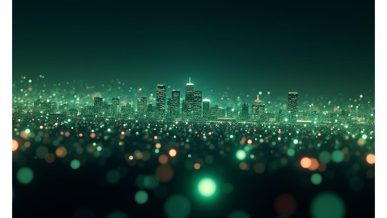 Interconnected lines and dots forming a complex network over a blurred image of Los Angeles cityscape at night, symbolizing extensive industry connections.