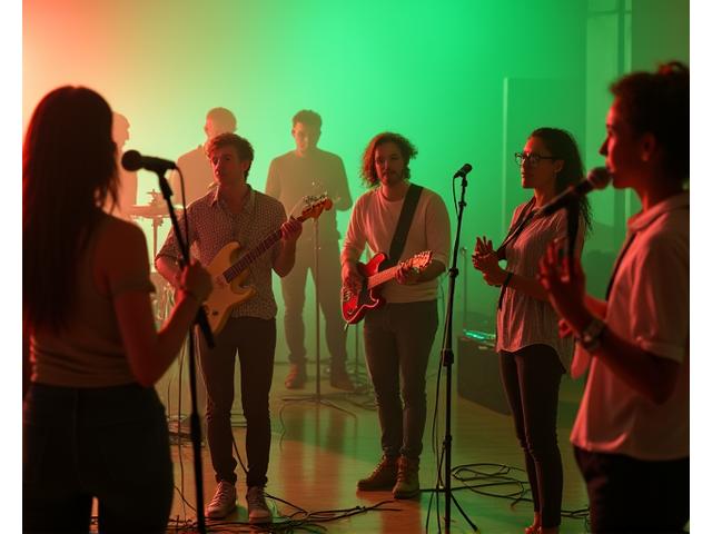 Diverse group of musicians and artists in a creative meeting space, symbolizing BeatAtlas's artist roster and brand alignment potential