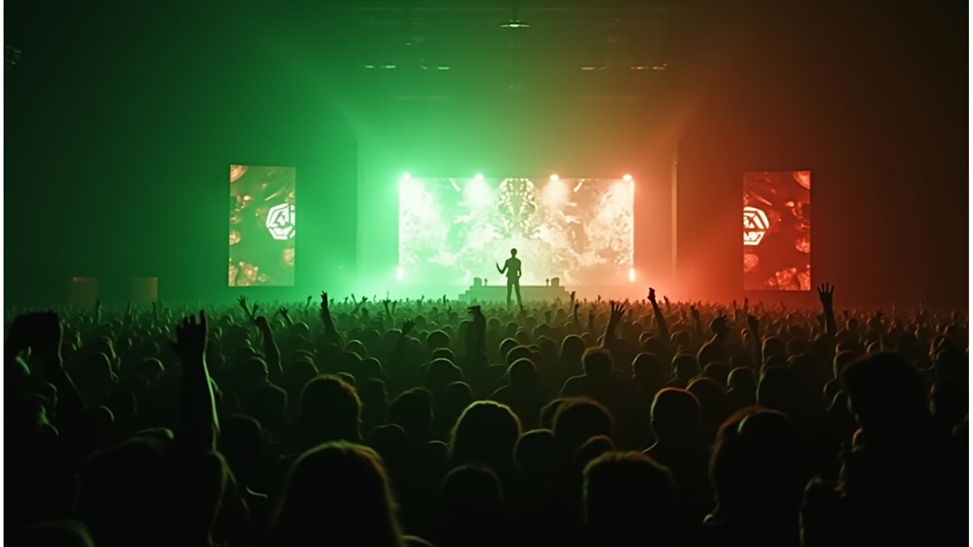 Dynamic concert crowd with brand logos subtly integrated into the stage lighting, showing powerful entertainment sponsorship and brand collaboration