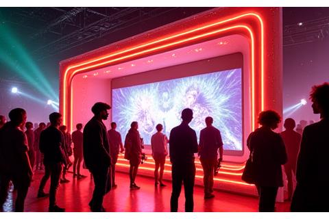 Vibrant, custom-built brand activation booth at a music festival, bustling with engaged attendees, showing interactive experiences