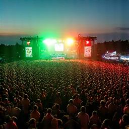 Large music festival crowd view from stage, showing extensive event sponsorship and brand visibility