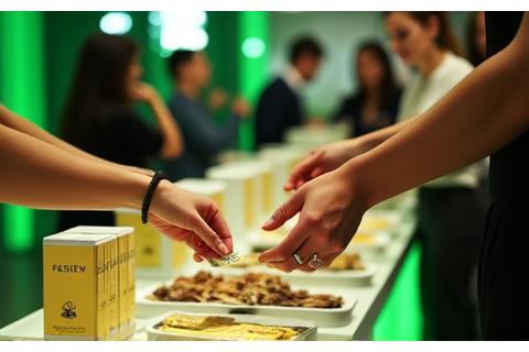 People trying samples at an attractive booth with clear product branding, at a busy event, for product sampling and demonstration