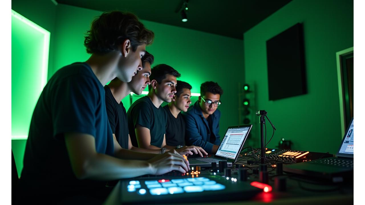 Team collaborating in a modern studio with dynamic lighting