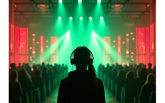 A person wearing a VR headset, immersed in a vibrant 360-degree virtual concert experience, with glowing musical notes and laser lights around them, symbolizing immersive content.