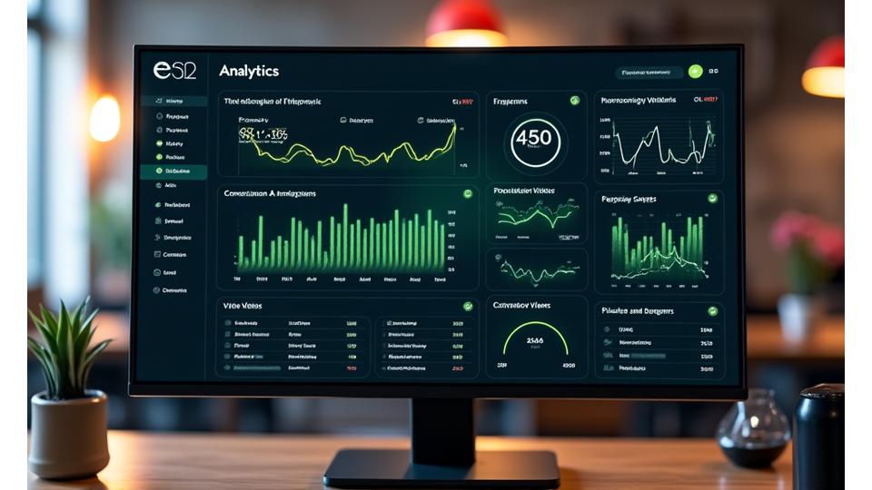 A sleek, dark-themed analytics dashboard display with glowing charts, graphs, and key performance indicators like engagement rates, reach, and conversion metrics, superimposed over a blurred image of a content creator's workspace.