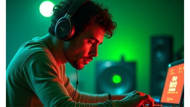 A popular musician collaborating with a premium headphone brand in a studio setting, showcasing authentic product integration during a music production session.