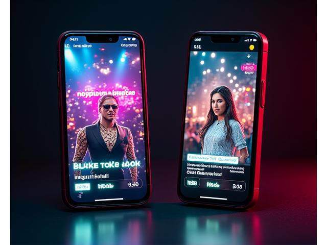 Smartphone screens displaying engaging Instagram Reels and TikTok videos, vibrant colors and dynamic motion, with analytics overlays showing high engagement.