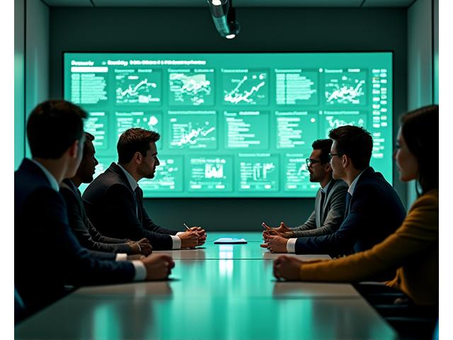 A diverse group of entertainment professionals engaged in a high-level discussion in a modern, collaborative office space, focusing on digital marketing strategies displayed on a large screen.