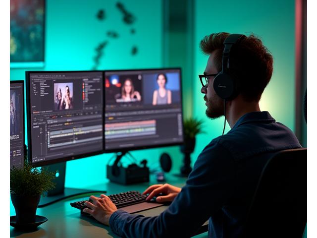 A content creator working on a video editing timeline with YouTube interface elements visible, showcasing a professional studio setup with multiple screens and high-quality audio equipment.