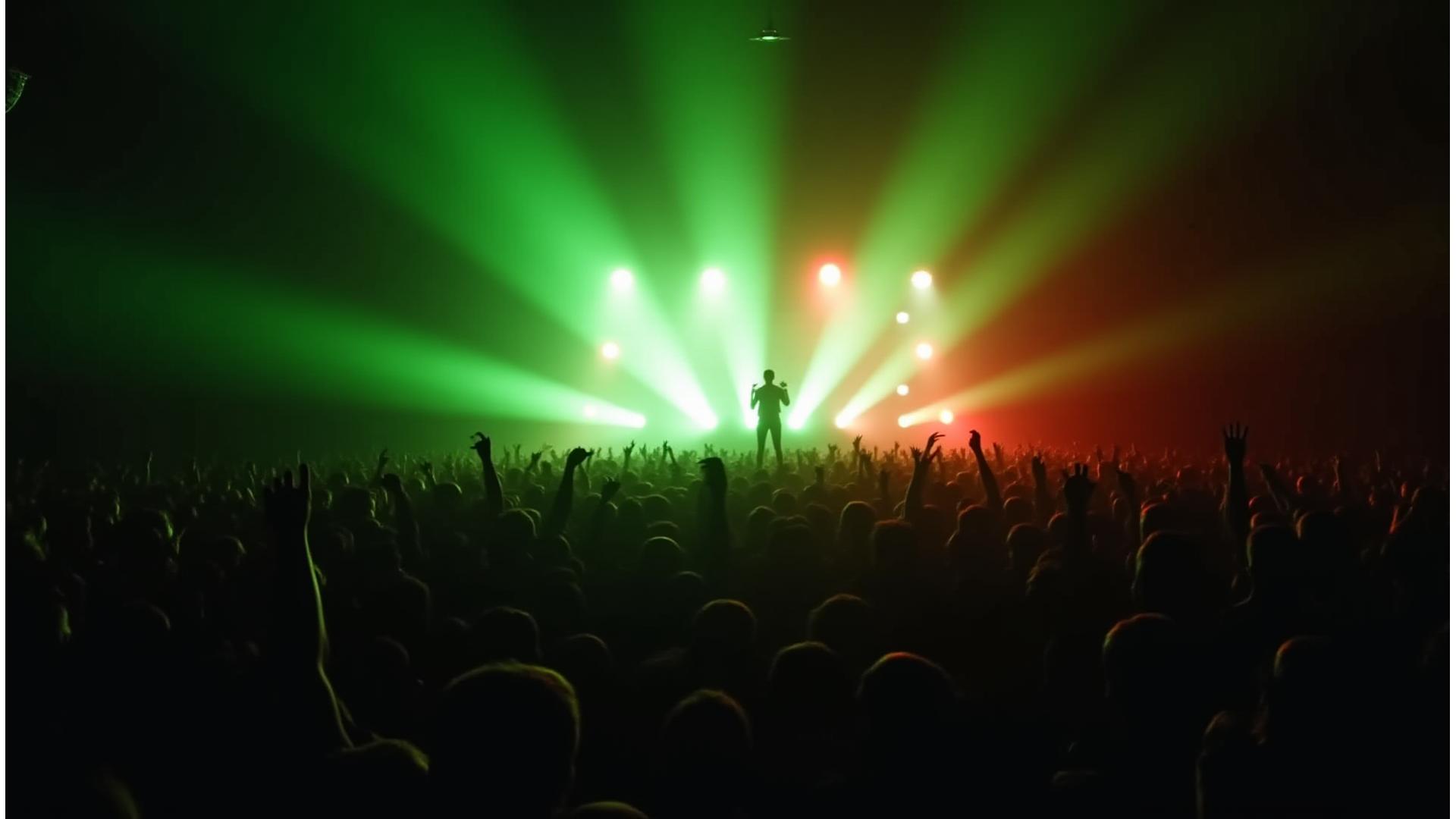 Packed concert venue with vibrant stage lights and cheering crowd in Los Angeles