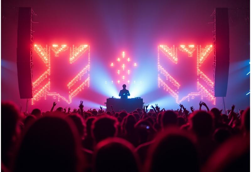 DJ performing on a brightly lit stage with a large audience in front, showcasing dynamic lighting