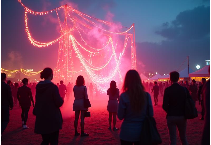 Immersive art installation at a vibrant music festival with people interacting