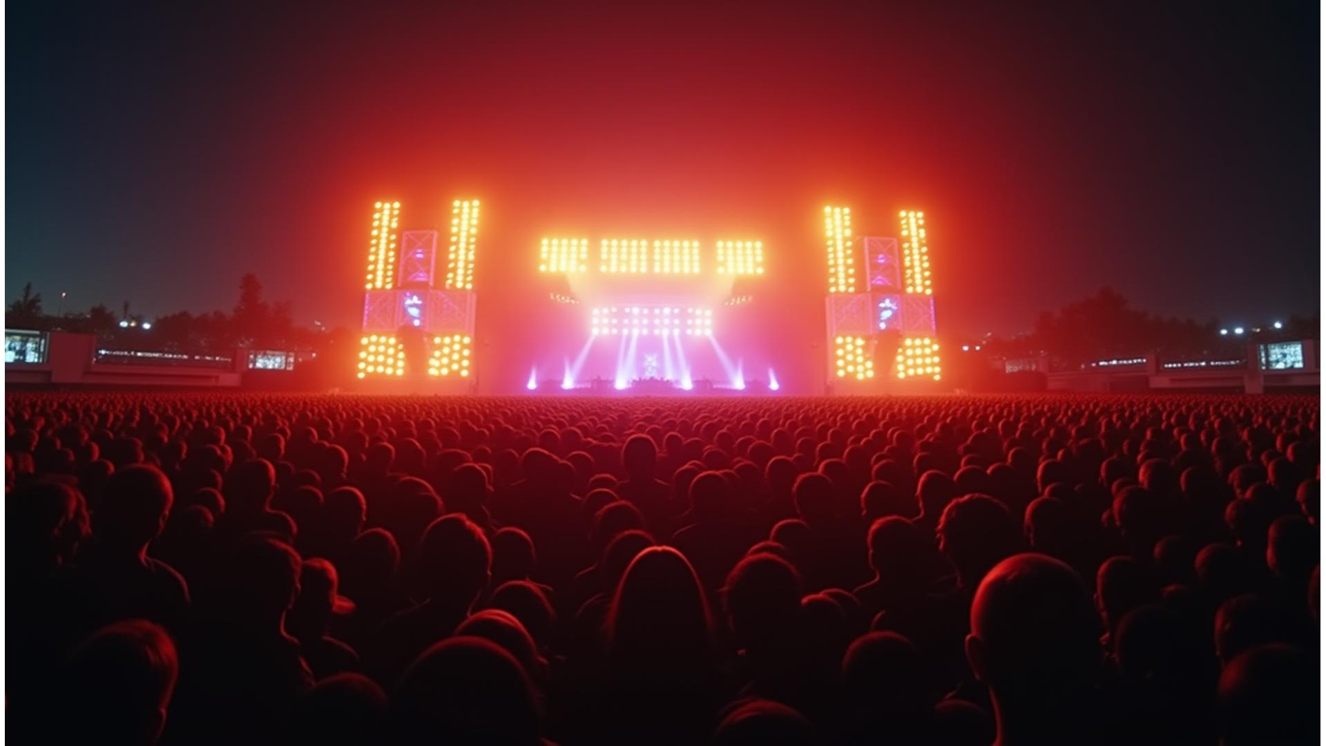 Vibrant, wide shot of a massive music festival crowd under dynamic lighting with a stage in the background