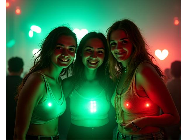 Three concert attendees posing for a photo, with their figures surrounded by dynamic augmented reality smoke and geometric light effects