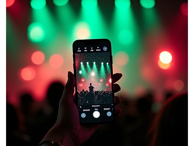 Audience member holding up a smartphone, seeing augmented reality effects overlaid on a band performing on stage, magical glow
