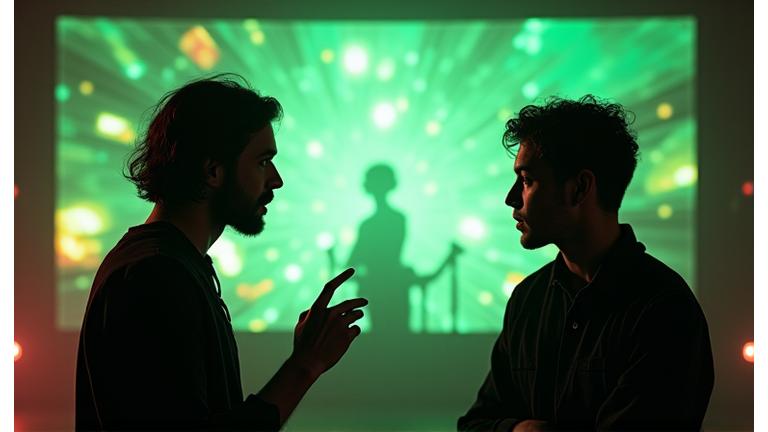 Artist and visual director discussing abstract concepts in front of a giant screen showing dynamic light patterns, creative energy