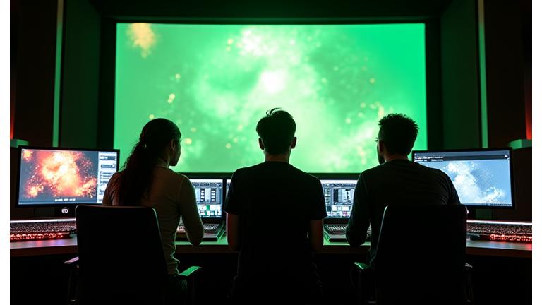 Creative team in a dark studio collaborating on a large screen displaying abstract visual content for a concert