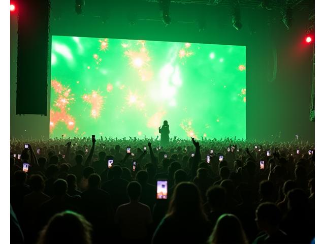 Concert audience engaging with a large interactive screen, playing a simple game using their smartphones, bright abstract graphics