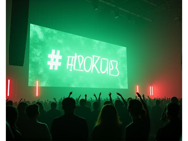 Digital display at a concert showing trending hashtags and live audience tweets, bathed in neon lights