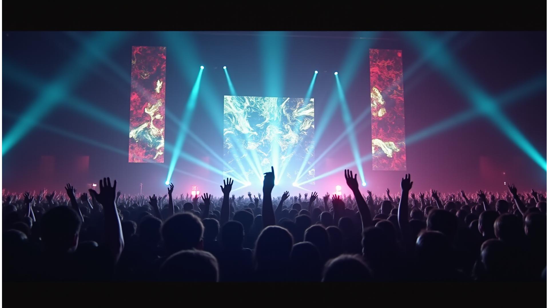 Panoramic view of an electrifying live concert with immersive projection mapping and dynamic laser lights, audience captivated by the experience