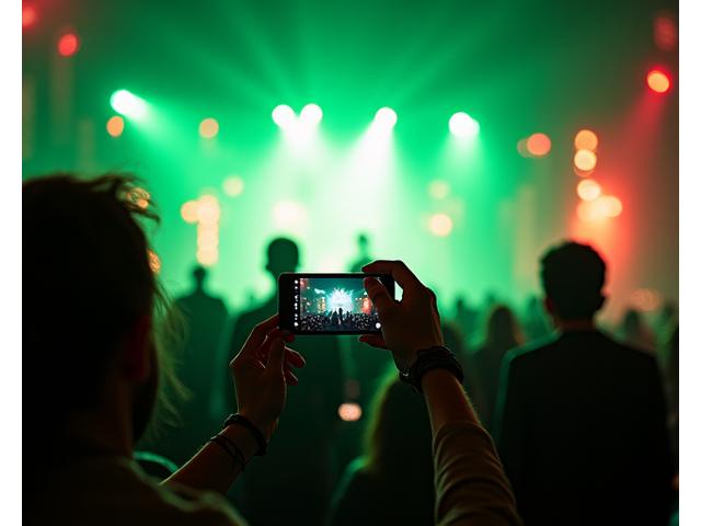 Influencer filming a concert with glowing visual effects, surrounded by other excited attendees, vibrant and energetic