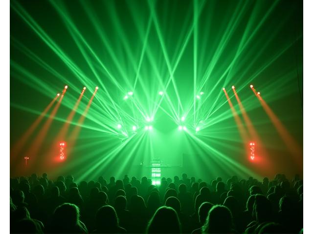 Complex array of intelligent stage lights creating laser patterns that respond to sound waves and audience movement