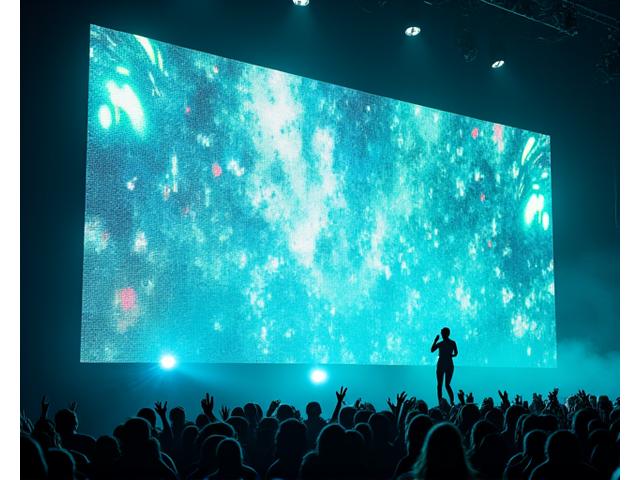 Gigantic, high-resolution LED wall displaying vibrant, abstract animations behind a performing artist