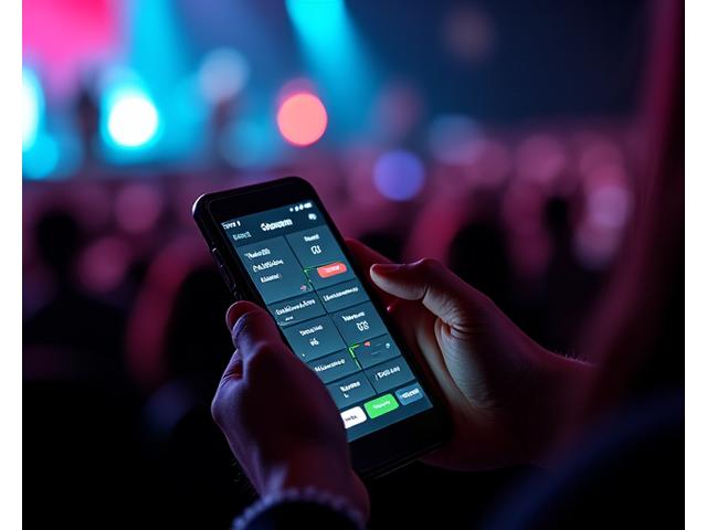 Concert-goer's hands holding a smartphone displaying an app interface controlling stage lights and visuals, glowing effect