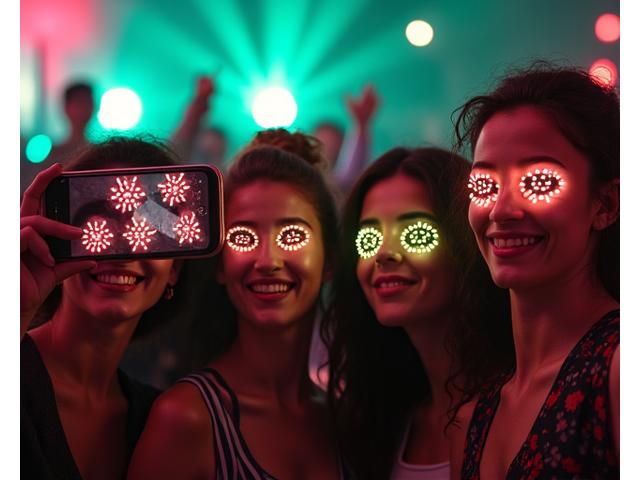 Group of diverse friends at a concert taking a selfie with glowing AR filters, phone screen shows live effects