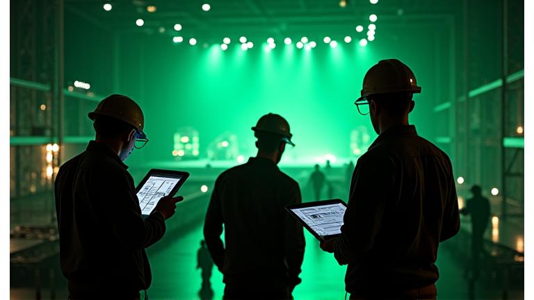 Technical team assessing a large concert venue's stage area, looking at schematics on a tablet, surrounded by rigging and equipment