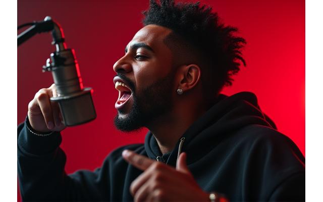 Dynamic shot of a rapper recording vocals in a professional studio booth, low key lighting, energetic.