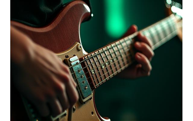 Close-up of a vintage electric guitar being played in a dimly lit studio, focusing on the strings and fretboard, evoking raw energy.
