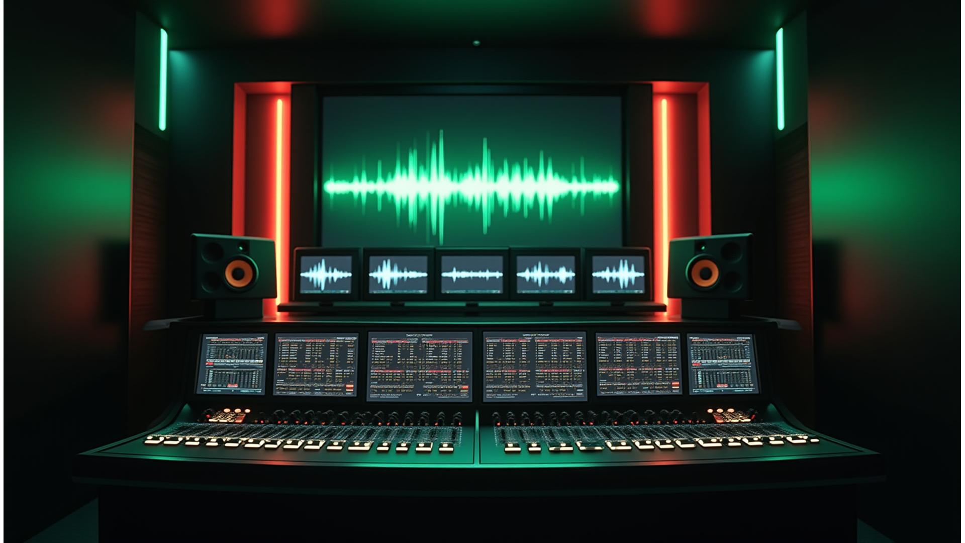 State-of-the-art recording studio control room with large mixing console and professional monitors, bathed in sophisticated LED lighting.