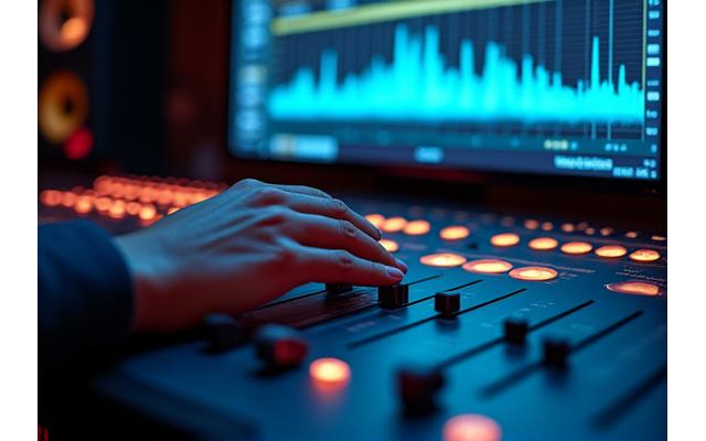 Audio engineer meticulously working on a sound wave on a large computer screen in a dimly lit studio environment.