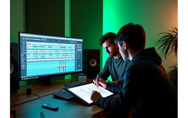 Music producer and artist collaborating on song arrangement in a modern studio environment.