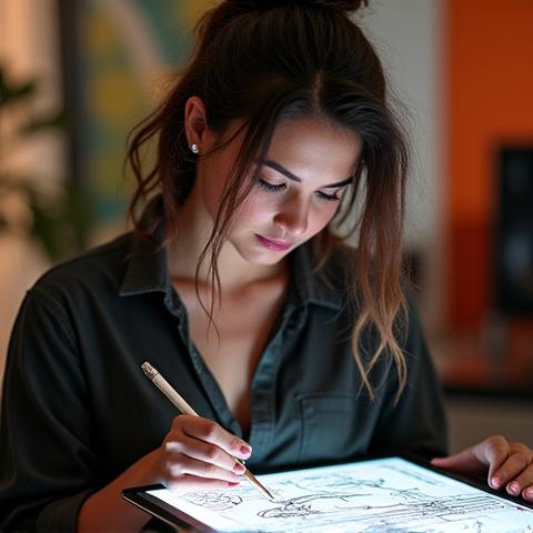 Diana Rivera: A creative music producer sketching ideas on a tablet, surrounded by studio equipment with a natural, artistic vibe.