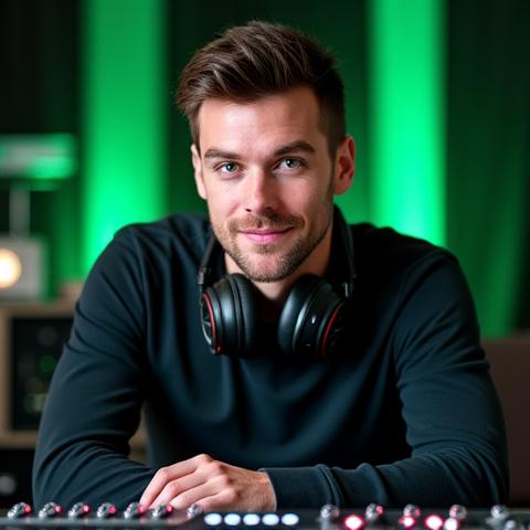 Liam Hayes: A focused audio engineer at a mixing board, with headphones on, in a professional studio setting.