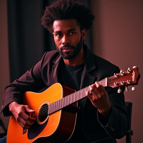 Marcus Bell: A soulful music producer playing an acoustic guitar in a relaxed studio setting, exuding creativity.
