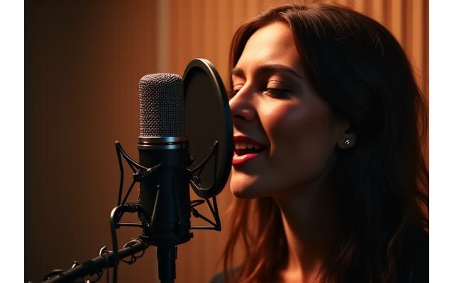 Vocalist singing into a high-end studio microphone in a soundproofed booth, with warm ambient lighting.