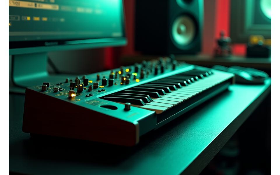 Close-up of a vintage analog synthesizer and a modern MIDI controller on a studio desk, bathed in warm, focused light.