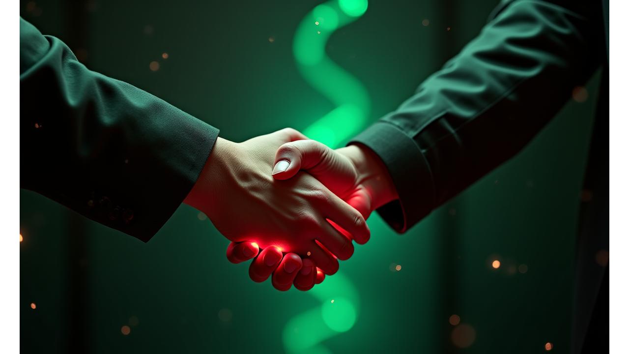 Two hands firmly shaking, symbolizing a partnership agreement, against a backdrop of abstract musical notes and light trails.