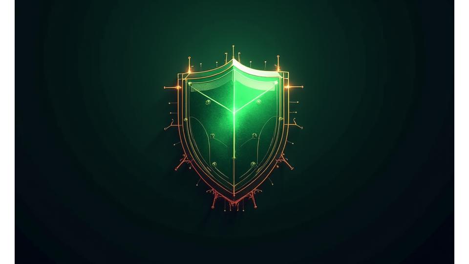 Abstract depiction of digital protection shield with glowing circuit board elements and a gradient of green and dark colors, symbolizing data security and risk mitigation.