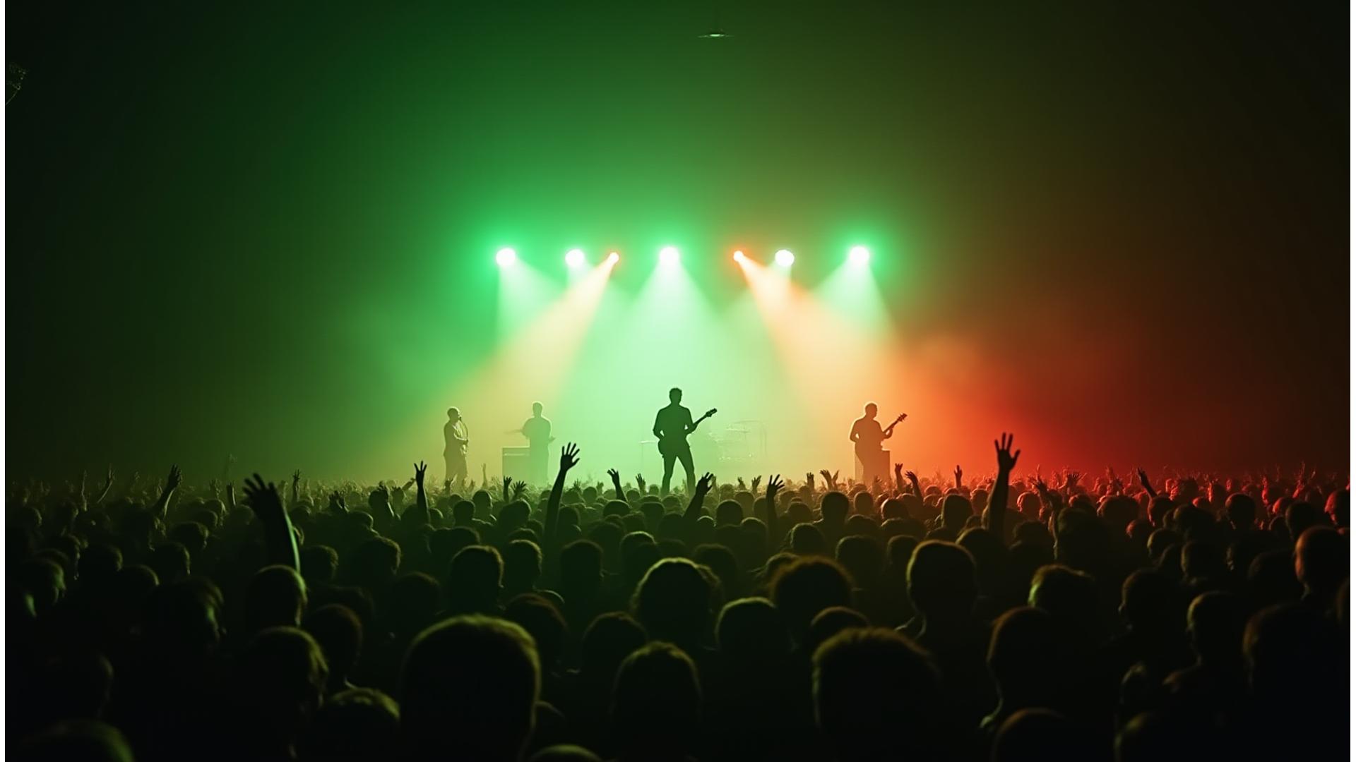 Dynamic shot of a concert stage with lights, fog, and silhouettes of performers, representing the energy and excitement of a successful tour facilitated by expert logistics.