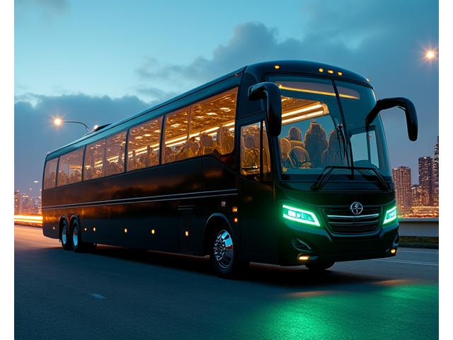 Luxury tour bus parked at dusk with interior lights visible, ready for artists to board, symbolizing efficient travel.