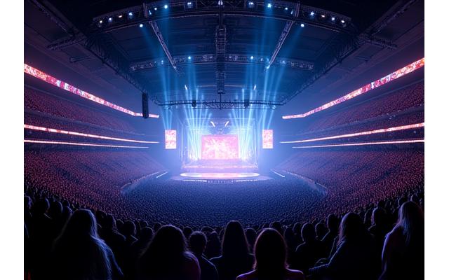 Panoramic view of a massive, illuminated sports arena configured for a concert, with a huge crowd and light show.