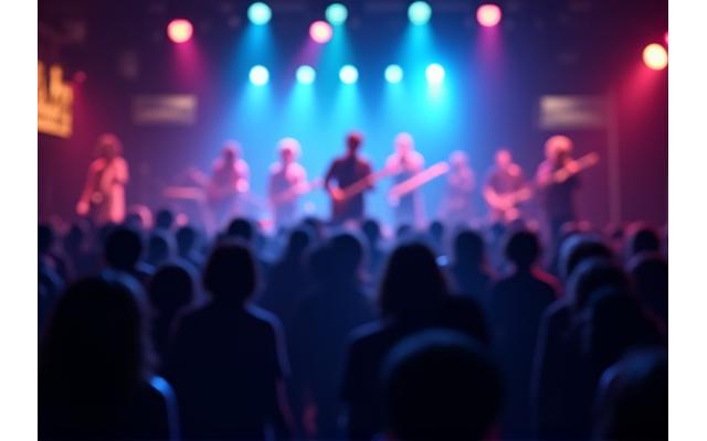Interior shot of a vibrant, packed music club with stage lights, showcasing an intimate venue type.