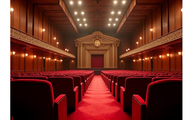 Elegant interior of a historic theater with plush seating and ornate details, representing a mid-sized concert hall.